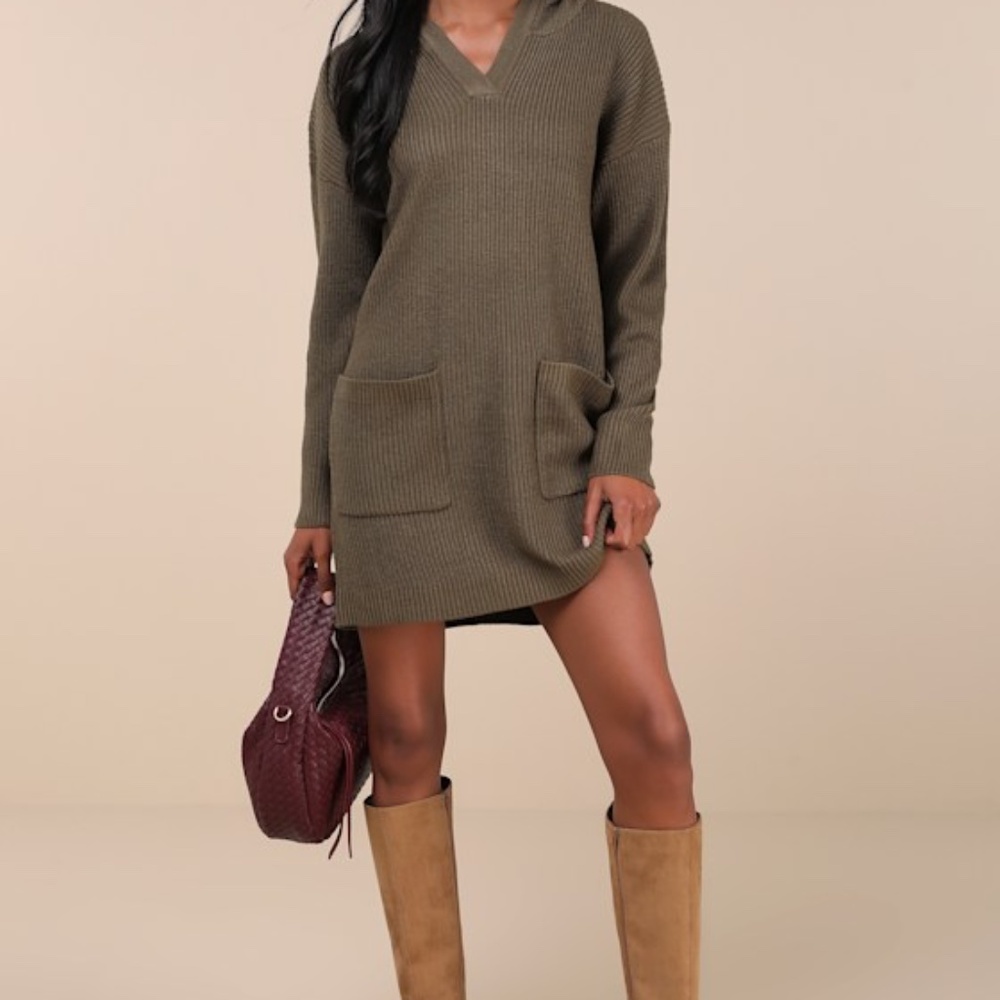 Lulus Cuddled Up Days Olive Green Hooded Mini Sweater Dress - Size L